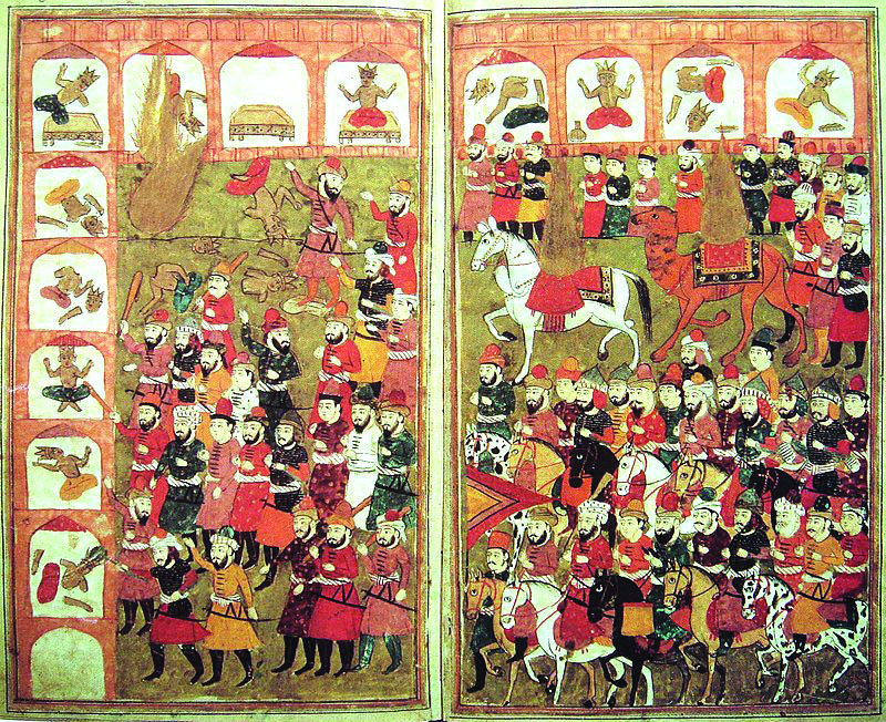 Color painting of the Prophet Muhammad picking up the black stone to place into the Kaaba, in Mecca, and event that is believed to have occurred in the late seventeenth century C.E.