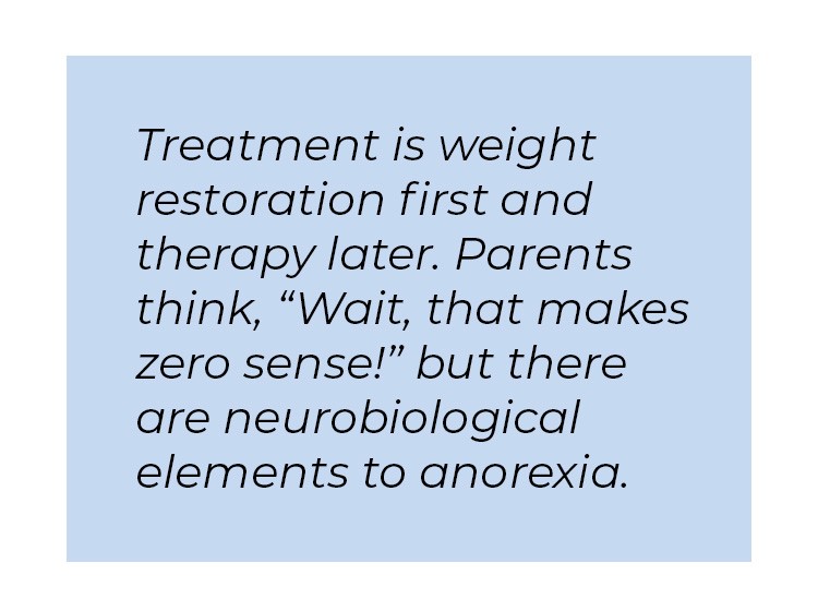 Pull quote in blue textbox. Treatment is weight restoration first and therapy later. Parents think, quote wait, that makes zero sense! unquote but there are neurobiological elements to anorexia.