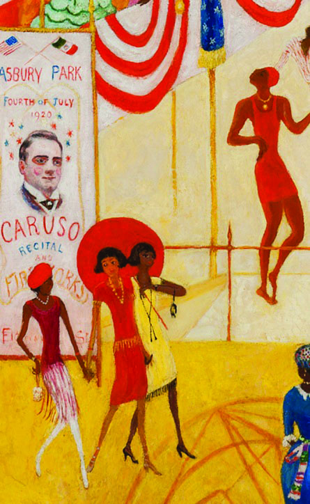 An African American women casually and stylishly strolling along Asbury Park's iconic boardwalk. In the background is a poster advertising an upcoming Fourth of July concert featuring the legendary crooner Caruso.