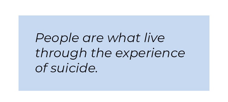 Pull quote in blue textbox. People are what live through the experience of suicide.