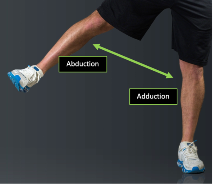 Front view of a person demonstrating a right hip abduction and adduction with arrows designating the direction of motion present.