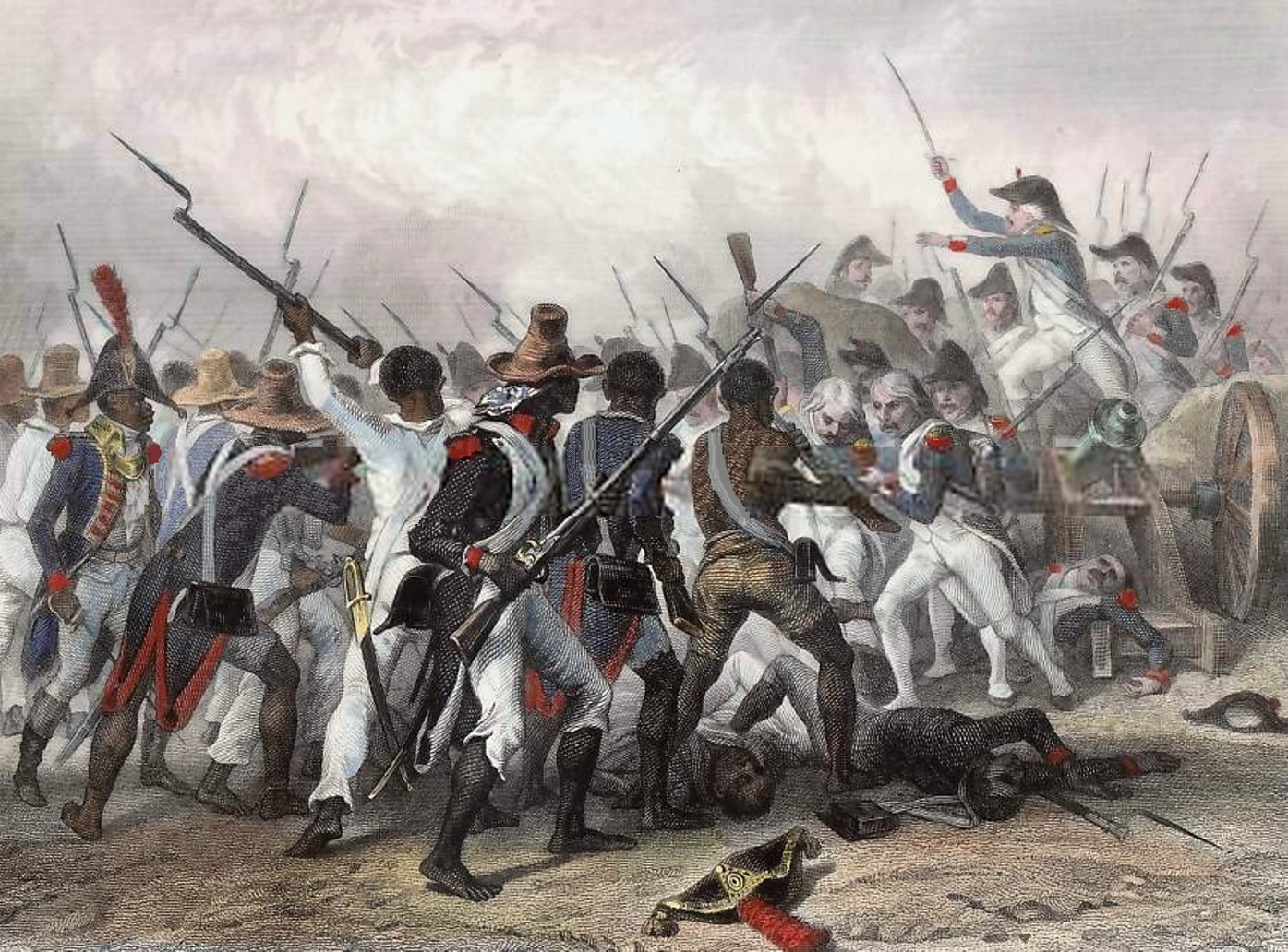 Color painting of a battle of African and Creole slaves against French soldiers during the Haitian Revolution, at a place called Crête-à-Pierrot. Close combat, with bayonets raised, troops on both sides falling wounded or dead, and smoke hovering over the scene.