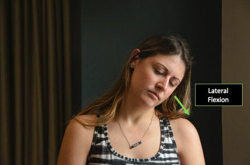 Person demonstrating a frontal view of cervical lateral flexion with the direction of the motion designated by an arrow.