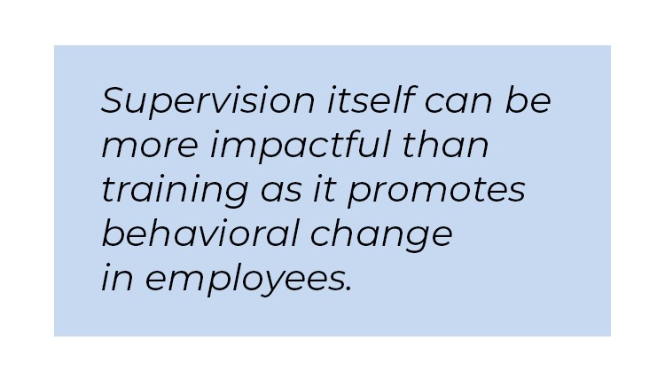 Pull quote in blue textbox. Supervision itself can be more impactful than training as it promotes behavioral change in employees.