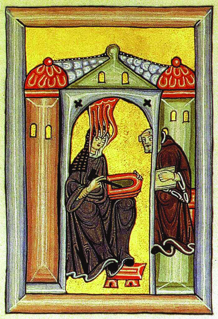 Painting of Hildegard of Bingen depicting her receiving divine inspiration and sharing it with her scribe.