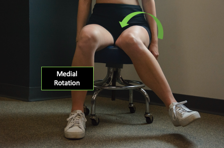 Transverse view of a person demonstrating a left hip medial rotation with an arrow designating the direction of motion present.
