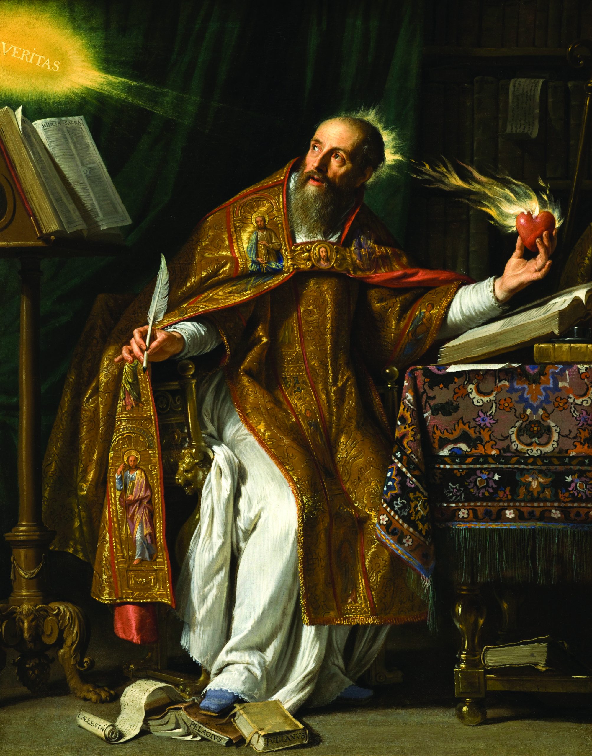 Painting depicting a studious and contemplative St. Augustine, one of the greatest of all Christian theologians, and once the Bishop of Hippo.