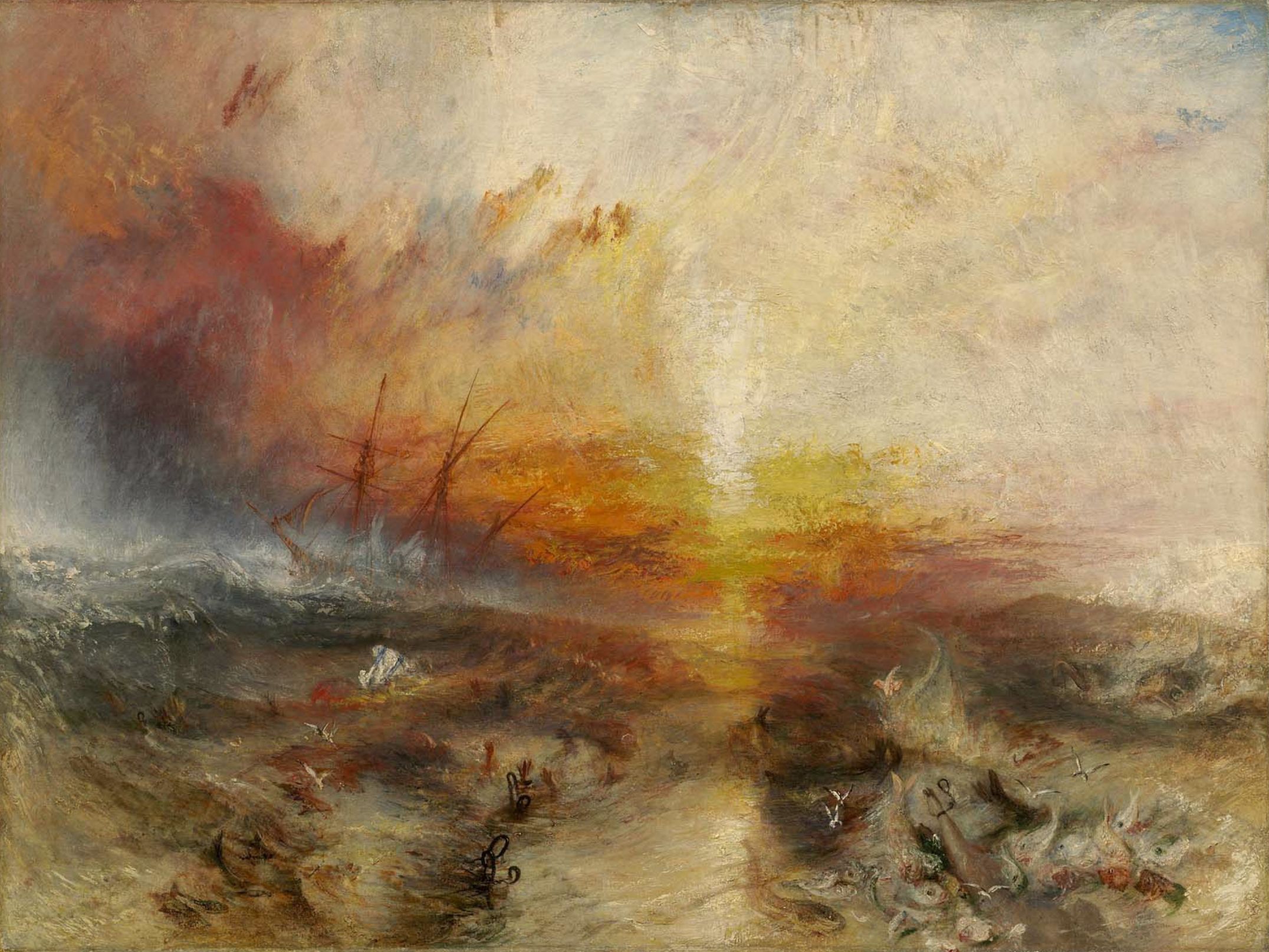 Color painting of dead and dying African slaves being tossed into the Atlantic as a storm gathers.