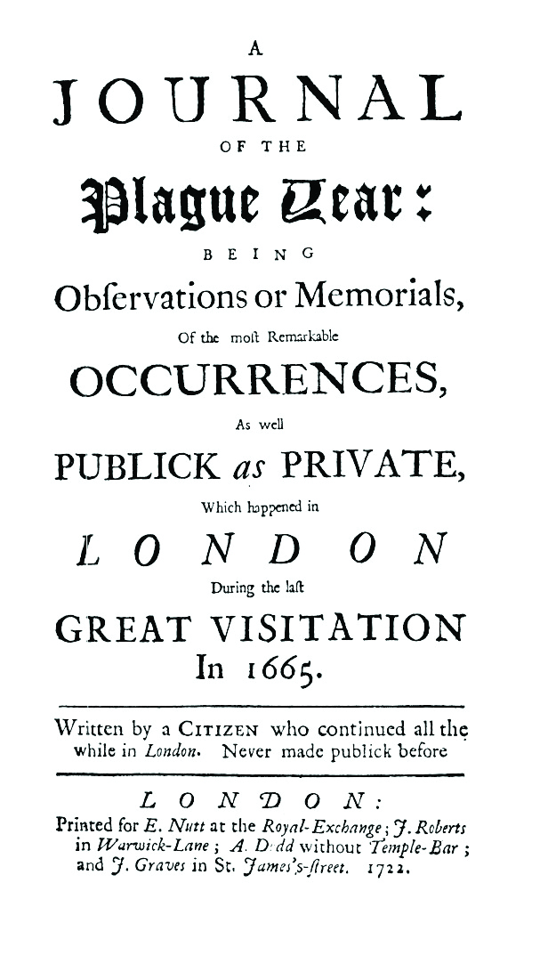 Black and white image of the inner leaf page of English author Daniel Defoe's seventeen twenty-two historical novel A Journal of the Plague Year, with the book's title and author's name, from the first edition, published in London.