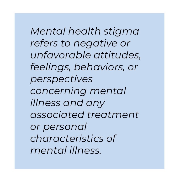 Pull quote in blue textbox. Mental health stigma refers to negative or unfavorable attitudes, feelings, behaviors, or perspectives concerning mental illness and any associated treatment or personal characteristics of mental illness.