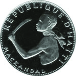 Man pictured on coin holding a machete.