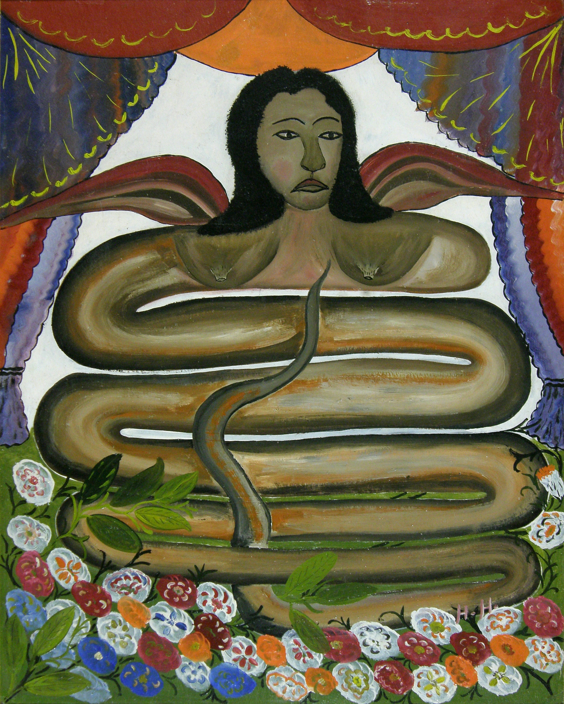 Color painting of the Vodou spirit Danbala, titled "Damballah the Torch" and depicting the spirit seated atop his coiled body on flowers, surrounded by colorful drapes, and seemingly winged.