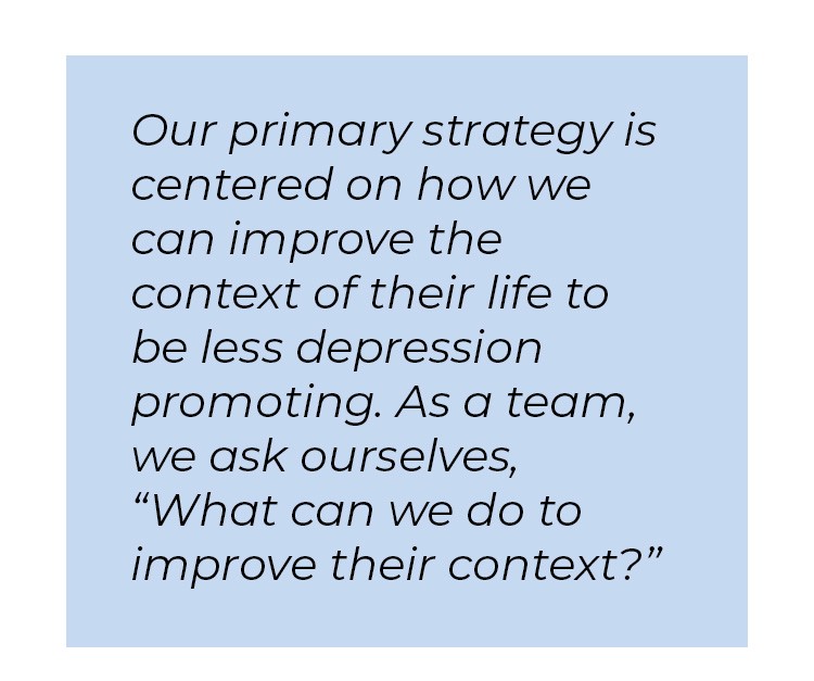 Pull quote in blue textbox. Our primary strategy is centered on how we can improve the context of their life to be less depression promoting. As a team, we ask ourselves, quote what can we do to improve their context? unquote.