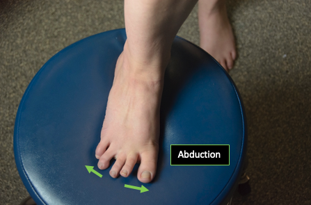 Person demonstrating an anterior view of general toe abduction on their left foot.