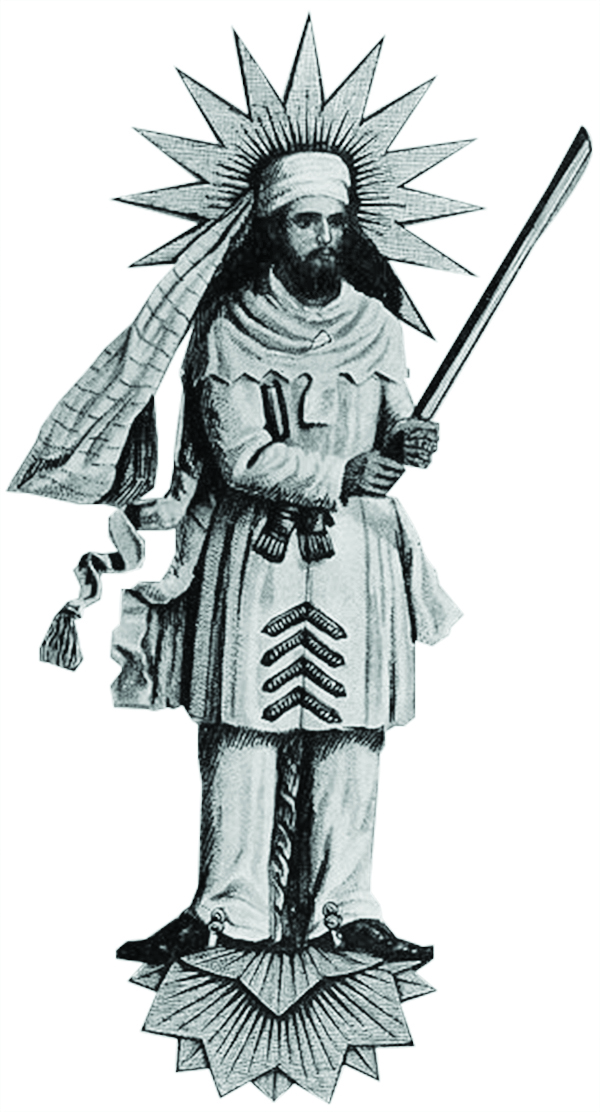 A black and white sketch of Zoroaster with a head covering, wearing a beard and a robe, and stoically standing brandishing a word.