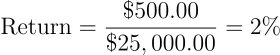 \begin{align*} \text{Return} = \frac{\$500.00}{\$25,000.00} = \text{2%} \end{align*}