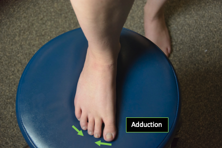 Person demonstrating an anterior view of general toe adduction with their right foot.