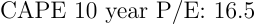 \begin{align*} \text{CAPE 10 year P/E: 16.5} \end{align*}