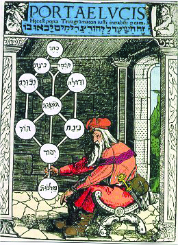 Etching adorned with color painting, titled the Tree of Life, English translation of the Shekinah, which symbolizes the ten knowable potencies of God. Here a Kabbalist is depicted sitting before the symbol and clutching it's trunk in search of mystical knowledge. Date and artists unknown, though likely from late medieval Iberia.