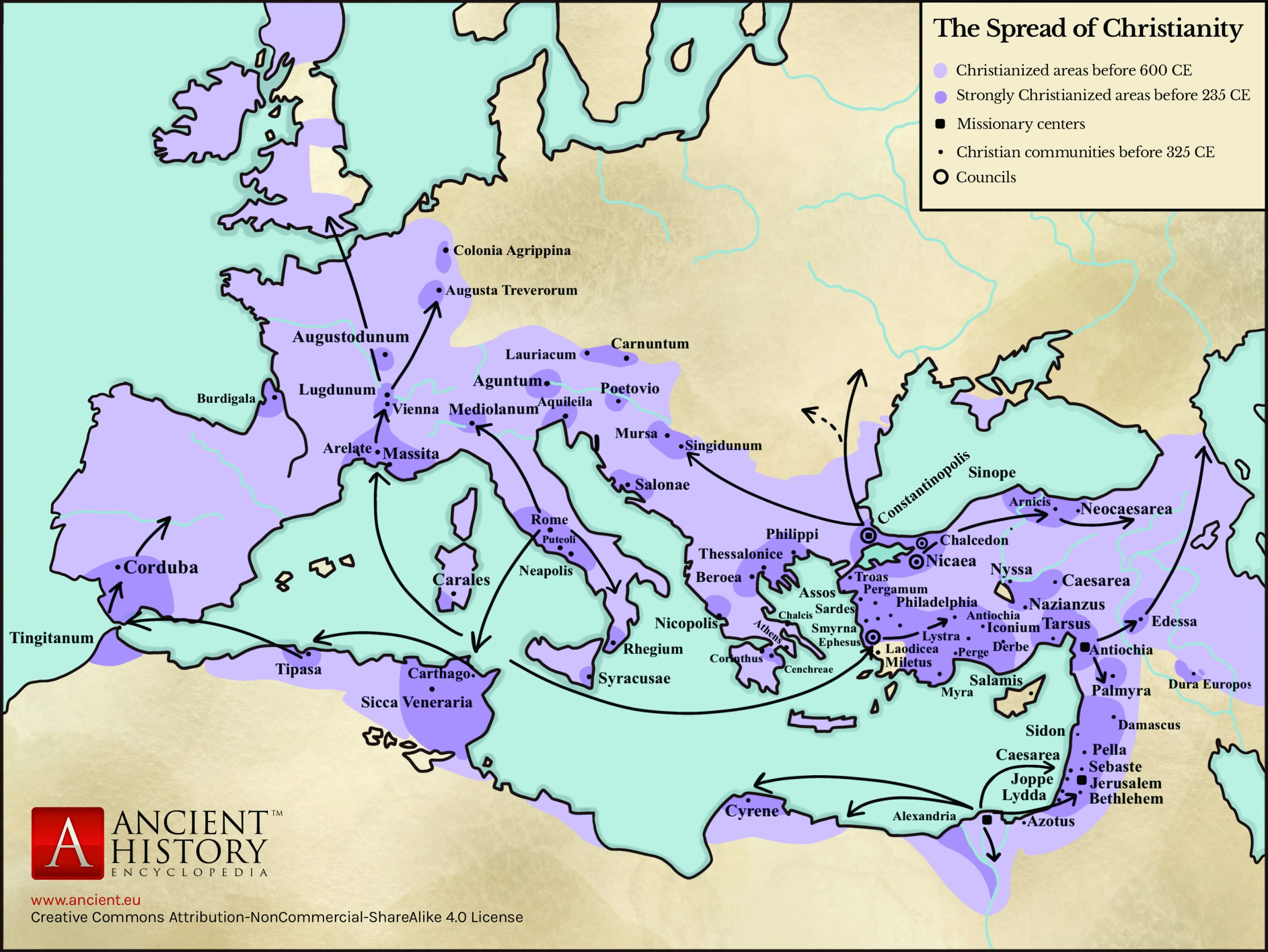Map depicting the early spread of Christianity, from Jerusalem, Asia Minor, and Rome to throughout North Africa and the Mediterranean world, from the first to the seventh century C.E.