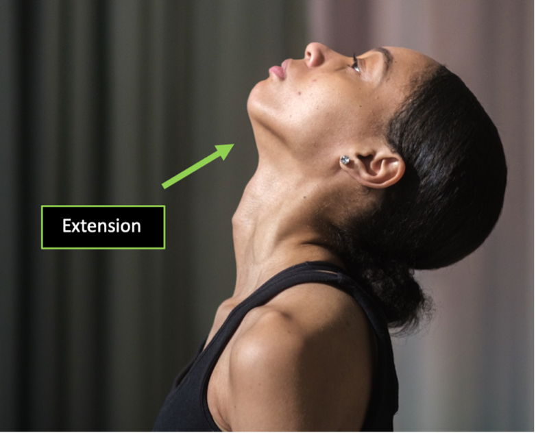 Person demonstrating a sagittal view of cervical extension with the direction of the motion designated by an arrow.