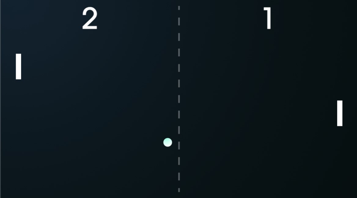 Image of the screen during the playing of Atari’s Pong, the first ever massively popular video game, a basic simulation of ping pong or tennis, first launched in nineteen seventy-two. Two vertical paddles on either sign of the screen, white against a black background, with a hyphenated line in the center, the net, and a score of two to one at the top.