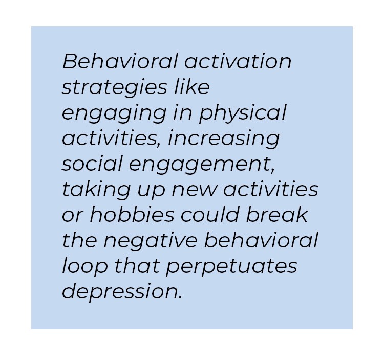 Pull quote in blue textbox. Behavioral activation strategies like engaging in physical activities, increasing social engagement, taking up new activities or hobbies could break the negative behavioral loop that perpetuates depression.