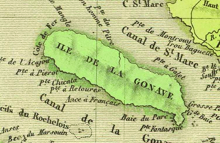 Eighteen twenty-five color map of the Island of La Gonave, a mountainous place that was once ruled by a Polish American marine, as a Vodou king, during the U.S. Occupation of Haiti.