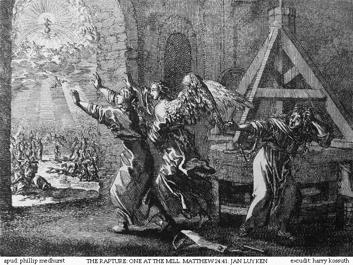 A black and white etching depicting a mill with two women and a female angel inside of a building and looking outside and up to the sky at the Lord Jesus Christ beckoning the faithful into heaven before the Tribulation and Armageddon.