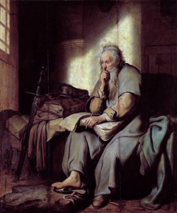 Color painting of St. Paul in prison writing his letter to the Ephesians, dated sixteen twenty-seven and titled "St. Paul in Prison."