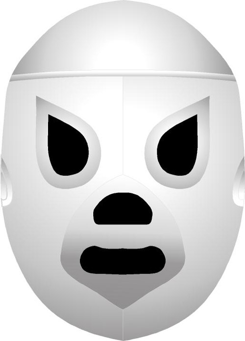 A recent up-close computer-generated image of the mask of the legendary Mexican wrestler El Santo, who fought zombies in a few movies. The mask is of white background and has black openings for his eyes, nose, and mouth.