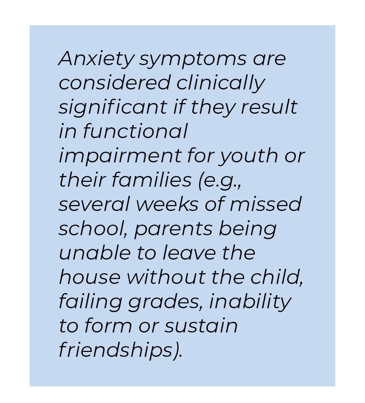 Pull quote in blue textbox. Anxiety symptoms are considered clinically significant if they result in functional impairment for youth or their families parenthesis e.g., several weeks of missed school, parents being unable to leave the house without the child, failing grades, inability to form or sustain friendships parenthesis.