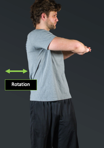 Frontal view of a person demonstrating a standing spinal left rotation.