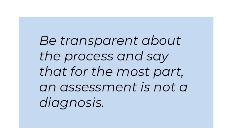 Pull quote in blue textbox. Be transparent about the process and say that for the most part, an assignment is not a diagnosis.