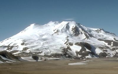 Mount Mageik volcano viewed from the Valley of Ten Thousand Smokes, Katmai National Park and Preserve, Alaska. Mageik's broad summit consists of at least four separate structures.
 (Click image to view full size.)