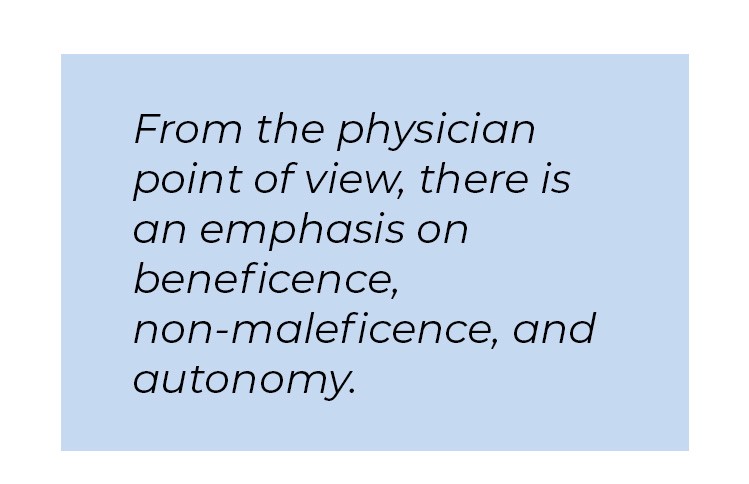 Pull quote in blue textbox. From the physician point of view, there is an emphasis on beneficence, non-maleficence, and autonomy.