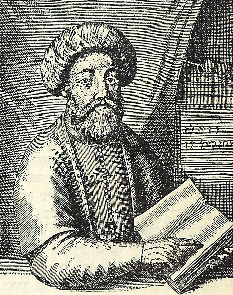 Black and white portrait etching of Sabbatai Sevi depicting the supposed Messiah seated studiously and pointing to the pages of a book.