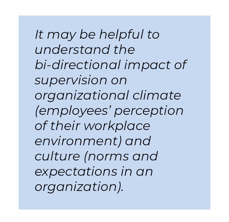 Pull quote in blue textbox. It may be helpful to understand the bi-directional impact of supervision on organizational climate parenthesis employees' perception of their workplace environment parenthesis and culture parenthesis norms and expectations in an organization parenthesis.
