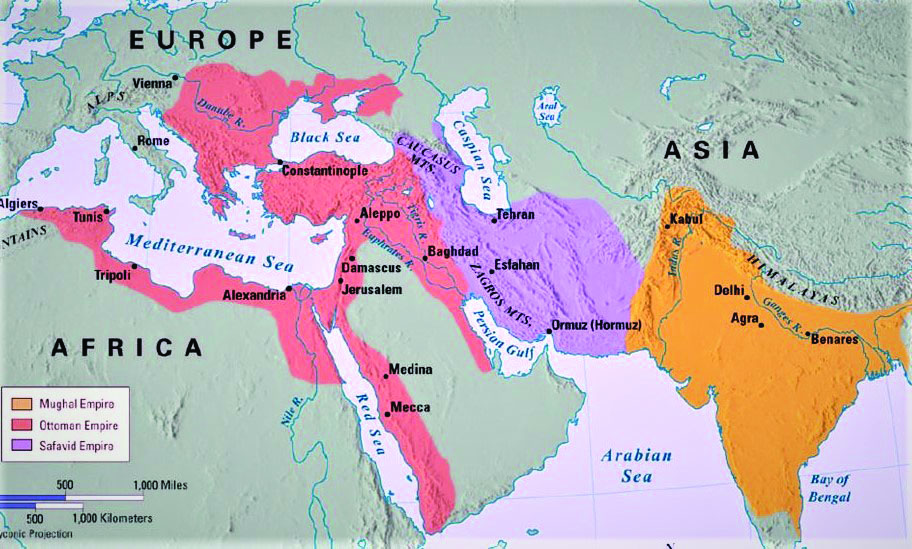 Map illustrating the expansive dominion across parts of Europe, Africa, Asia, and the Middle East of three early Islamic empires.