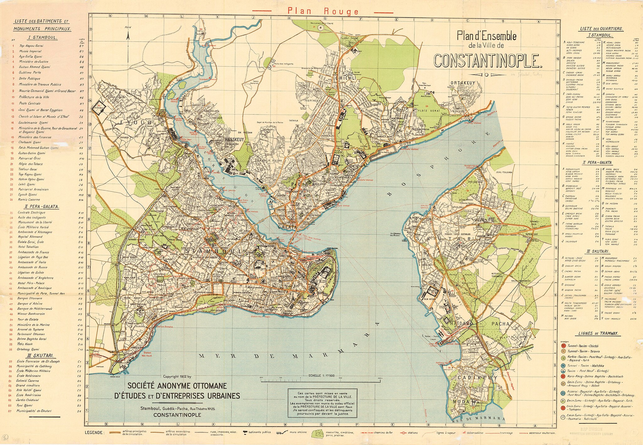 Color map of Istanbul, Turkey, depicting its main sections and grids and the Marmara and Bosporus Seas on which the great city was established. An epicenter of the seventeenth-century messianic movement of Sabbatai Sevi and the place where he was arrested by the Ottomans.