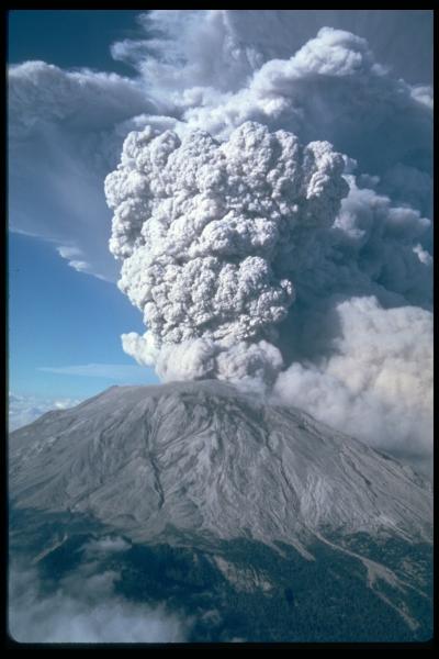 July 22, 1980 eruption of Mount St. Helens sent pumice and ash 6 to 11 mi (10-18 km) into the air, and was visible in Seattle, Washington (100 mi/160 km north).
 (Click image to view full size.)