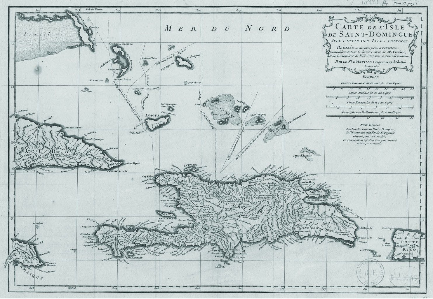 Map of the island of Hispaniola, the western third of which was the French colony of Saint-Domingue, which in 1804 would become the independent Republic of Haiti. Seen also are parts of the neighboring islands of Puerto Rico, Jamaica, and Cuba.