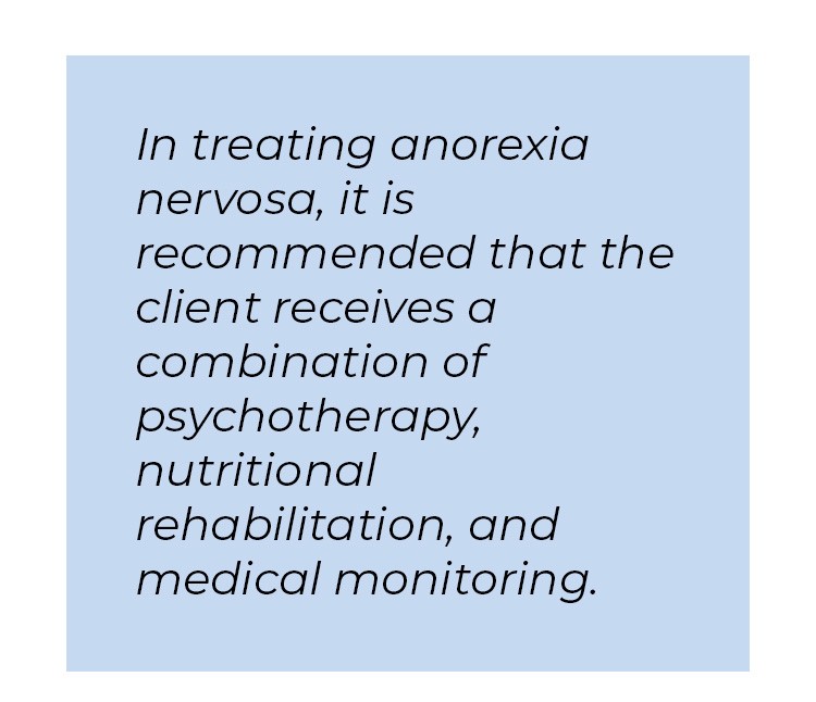 Pull quote in blue textbox. In treating anorexia nervosa, it is recommended that the client receives a combination of psychotherapy, nutritional rehabilitation, and medical monitoring.