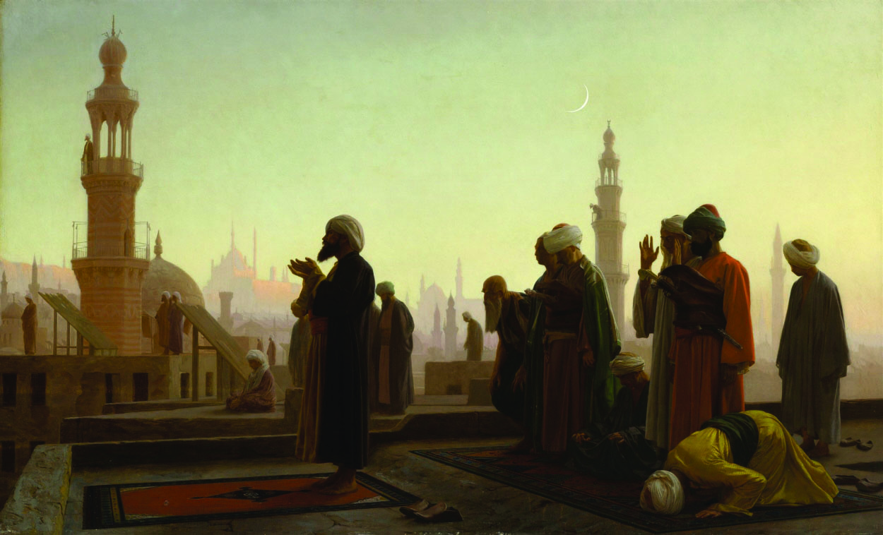 Color painting of Muslims at Prayer in Cairo. Appears to be prayer just at sunset, with mosques and a crescent moon in the background.