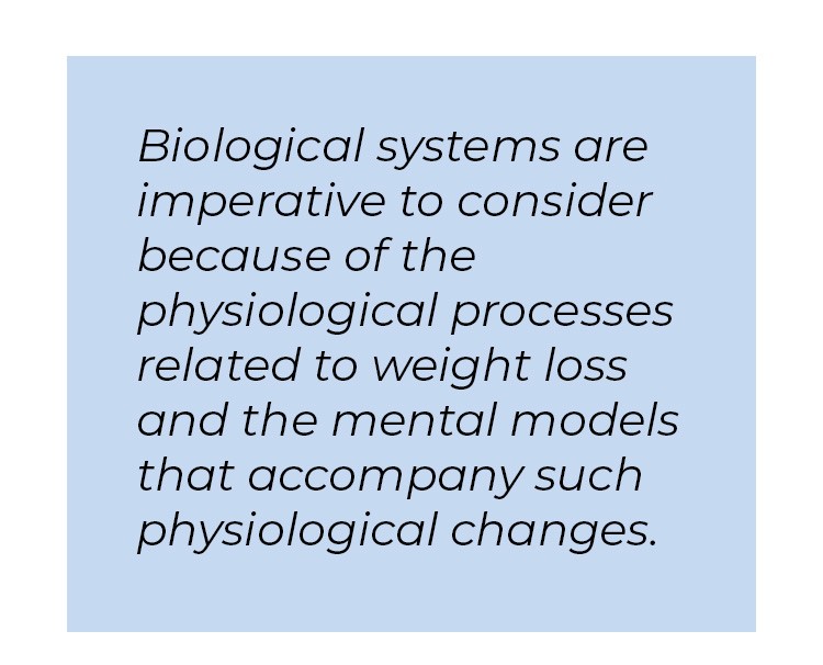 Pull quote in blue textbox. Biological systems are imperative to consider because of the physiological processes related to weight loss and the mental models that accompany such physiological changes.