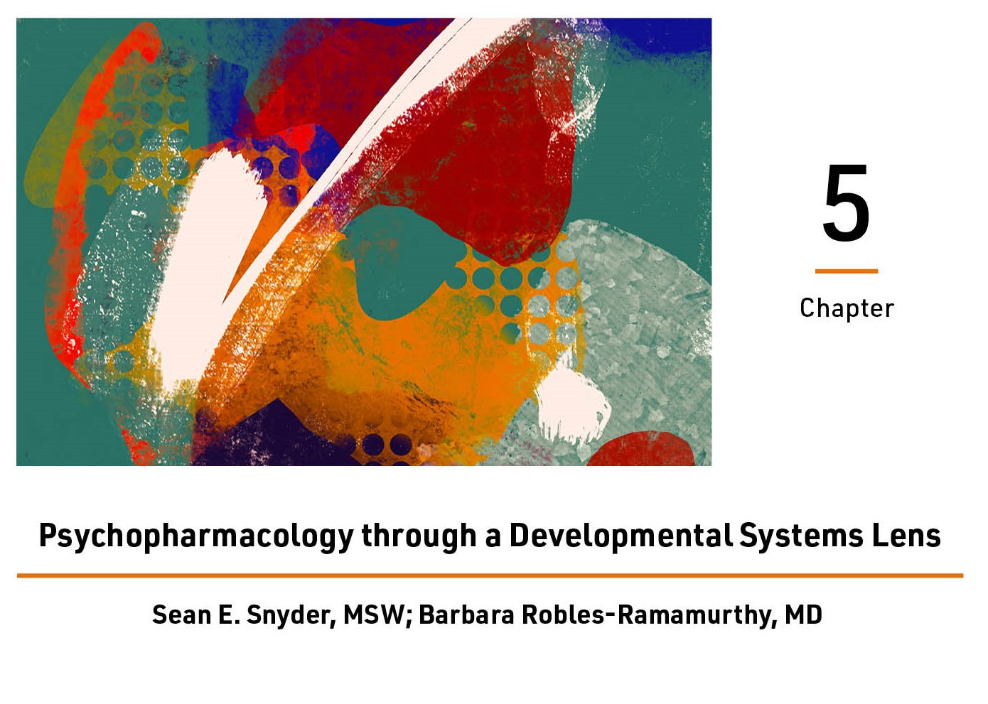 Cover for chapter five, Psychopharmacology through a Developmental Systems Lens, by Sean E. Snyder, MSW, and Barbara Robles-Rammathury, MD. A multicolored abstract painting is included next to the chapter number.