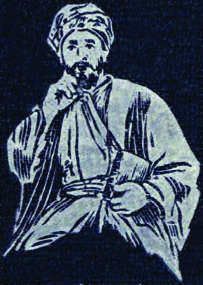 Etching of Al-Ghazali depicting in black and white one of the greatest scholars/theologians in the history of Islam, who here looks deeply pensive, his head covered by a turban, as he holds a closed book in one arm and raises a hand to his face. From the cover of an edition of one of his books as translated into English.