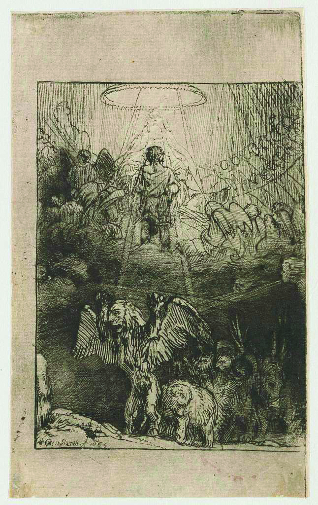 Black and white, grainy etching of Daniel's vision of the four beasts.